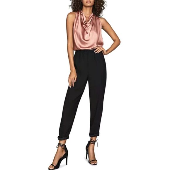REISS - “Harley” Draped, Satin, Two-Tone Jumpsuit - Size 8 (US) Rose/Pink, Black
